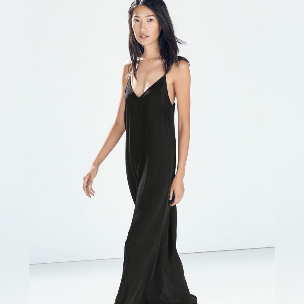 Zara Black Low Cut Strappy Lace Maxi Full Length - Size S